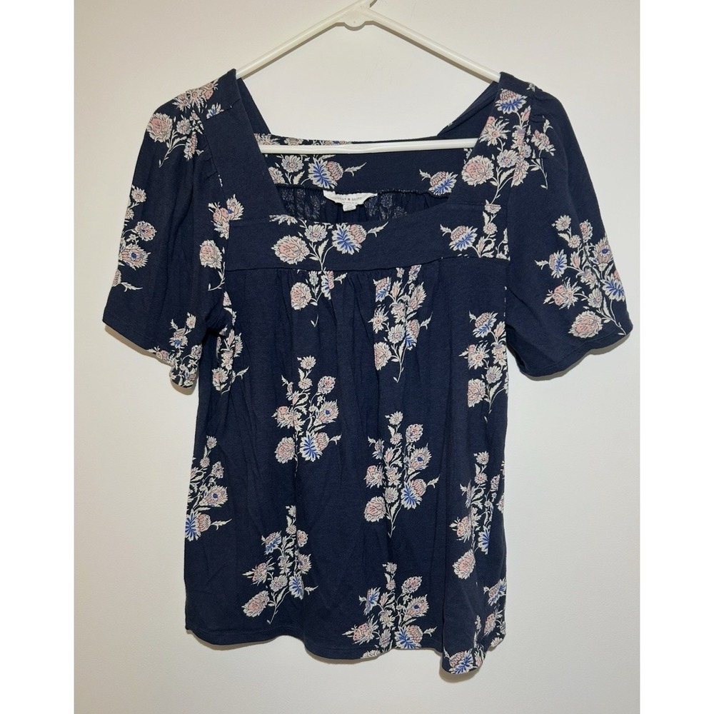 Lucky Brand Blue Floral Short Sleeve Blouse Top Pullover Casual Women's M